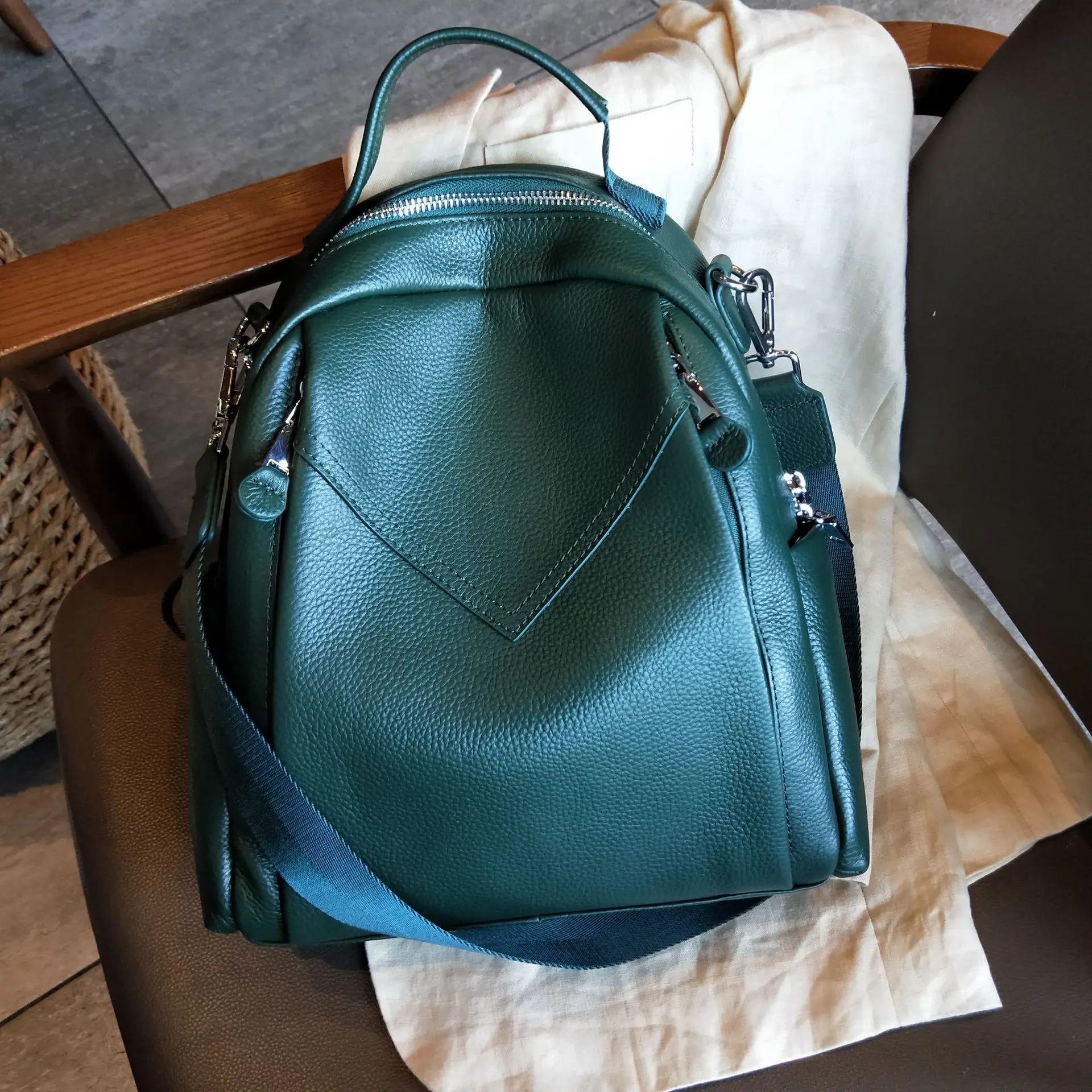 Ins Women's Backpack Green Pink First Layer Cowhide Leather Bagpack Anti Theft Design More Pocket Travel Bags Daily Knapsack | Багаж и