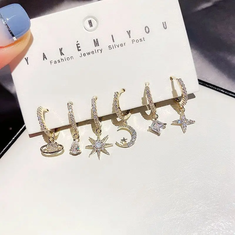 

Fashion Cubic Zirconia ctagonal Star moon Hoop Earrings Set gold Star Sets Hoop Earrings For Women Korean Jewelry 2021 Trend