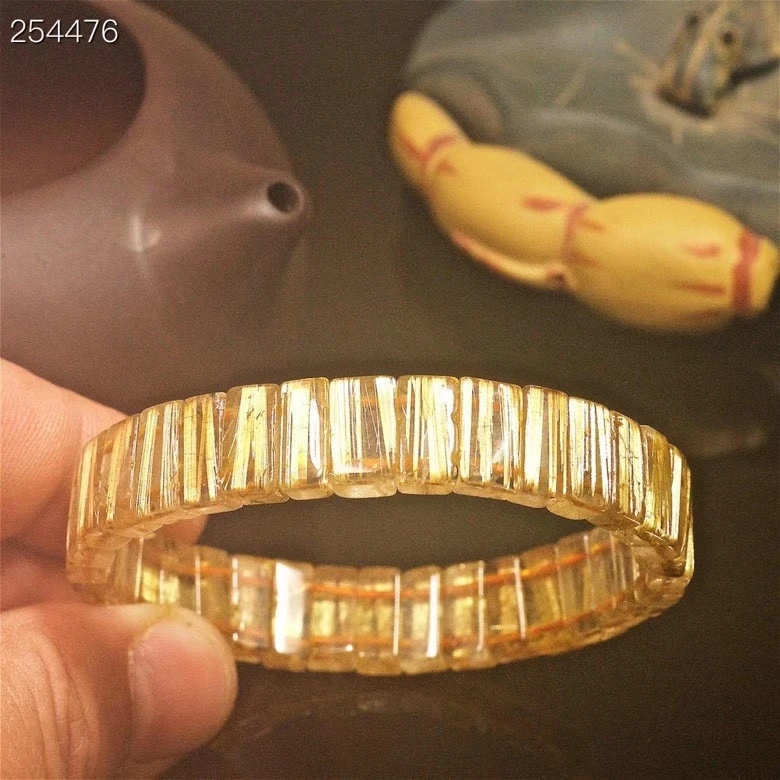 

Natural Gold Rutilated Quartz Woman Men Titanium Beads Bracelet 12*5mm Clear Round Beads Jewelry From Brazil AAAAAAA