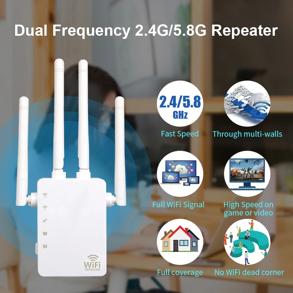 

5 Ghz WiFi Repeater Wireless Wifi Extender 1200Mbps Wi-Fi Amplifier with 4 Antennas Wifi Signal Booster 2.4G Wifi Repiter