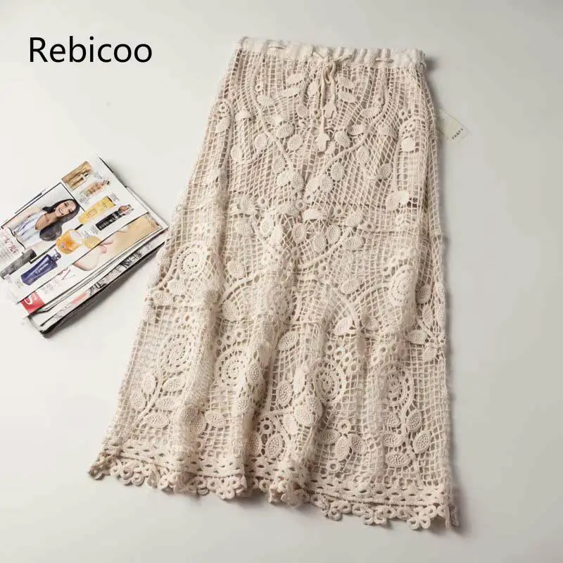 

Новая женская вязаная юбка с эластичной резинкой на талии и цветочной вышивкой, с подкладкой, уникальные Вязаные кружевные юбки Saias