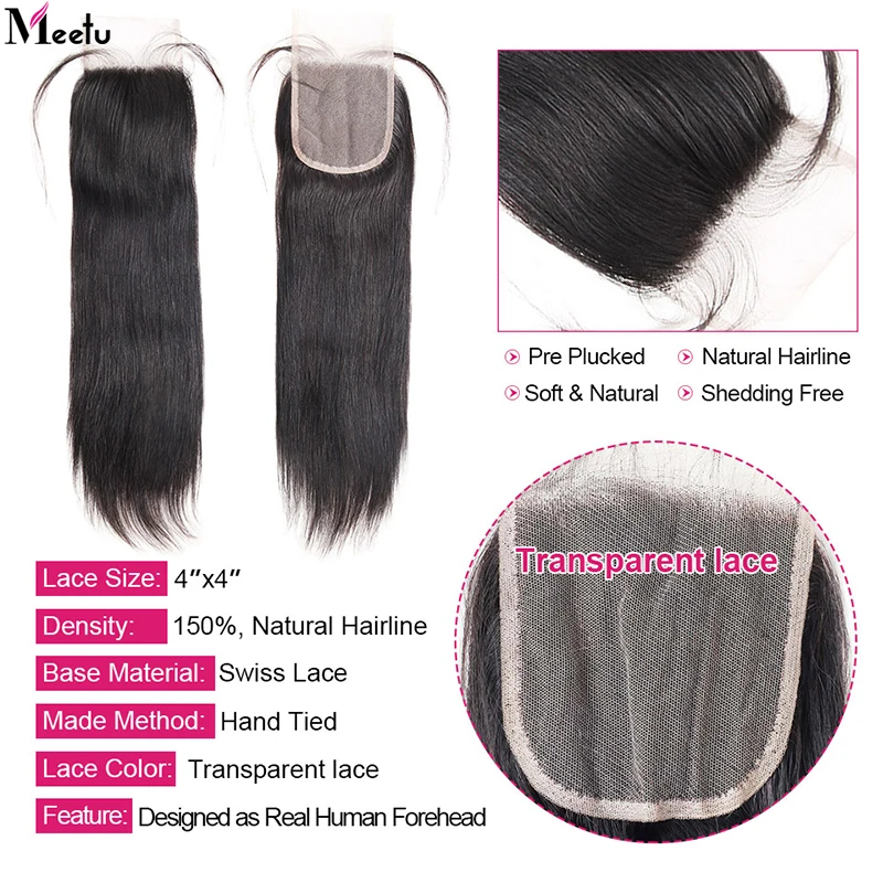 Индийские прямые пучки волос с закрытием прозрачное закрытие пряди Meetu не Реми