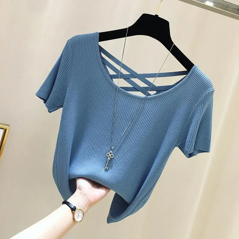 

2021 New Summer Women Fashion Korean Style Sexy Backless Knitted T-Shirt Female Causal Solid Ice Silk Slim Jumper Tees Tops A42
