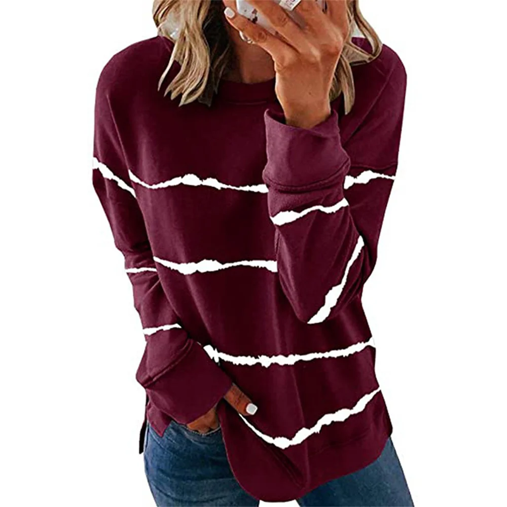 2021 Autumn And Winter Women's Tie-Dye Striped Printing O Neck Loose Long-Sleeve T-Shirt Fashion Casual Pullover Tops