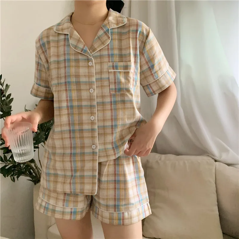 

casual plaid summer pajamas set women sleepwear short sleeve top shorts home suit 2pcs colorful patchwork loose pyjamas