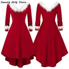 Женский Рождественский костюм, зимнее мягкое плюшевое платье красного цвета, необычное платье с длинным рукавом, Женская Клубная одежда для косплея с V-образным вырезом