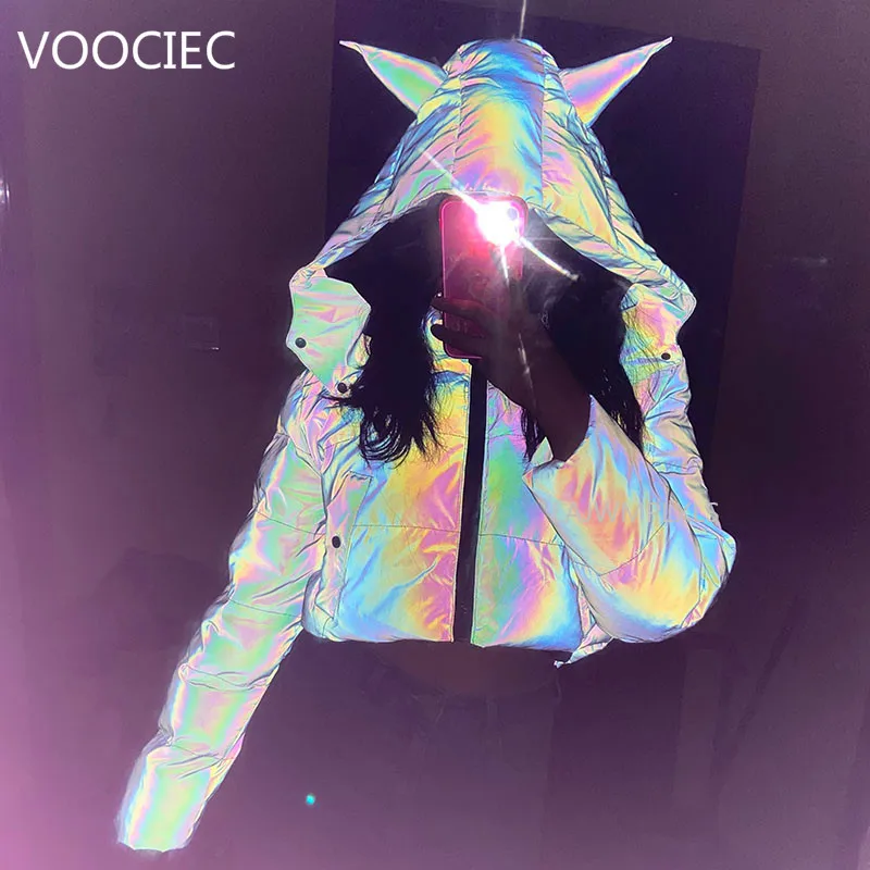 

2020 New winter jacket women Parkas Cool Bling Luminous Hooded Thick Outwear Puffer Coat Cute Women Reflective Down cotton coat