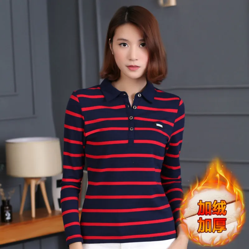 Рубашка-поло женская зимняя в полоску с длинным рукавом |