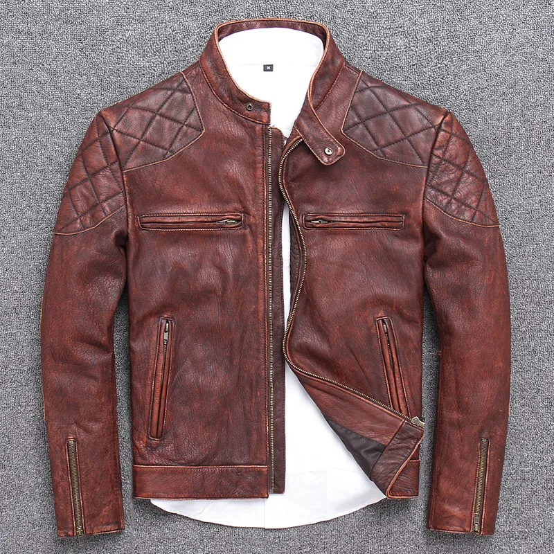 

Designer Motorcycle Cowhide Jacket Men Vintage Stand Collar Genuine Leather Short Coat Brand Slim Zipper Street Outerwear M-3XL