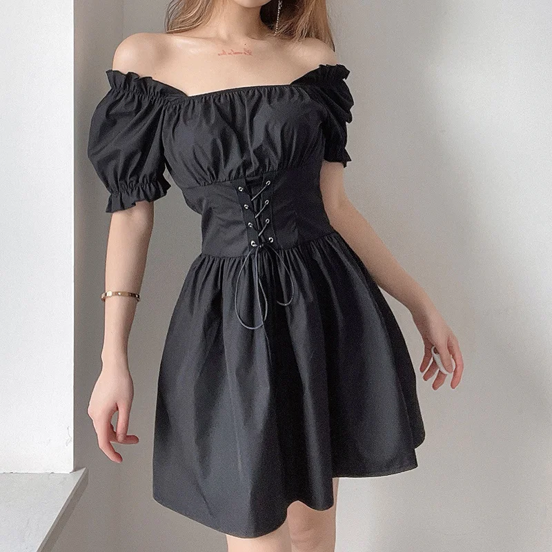 

Vintage Bandage Party Dress Sexy Slim Square Collar Short Puff Sleeve Mini Dresses Women Fashion Casual Streetwear