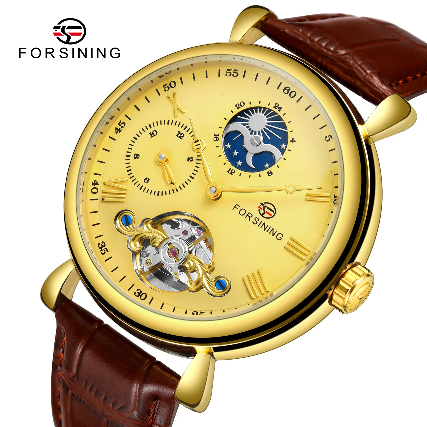 

FORSINING Luxury Automatic Mechanical Watch for Men Classic Dress Tourbillon Skeleton Watches Genuine Leather Strap Moon Phase