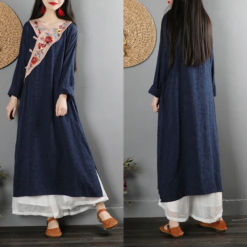 Женское винтажное платье Ципао с вышивкой свободное макси длинным рукавом в