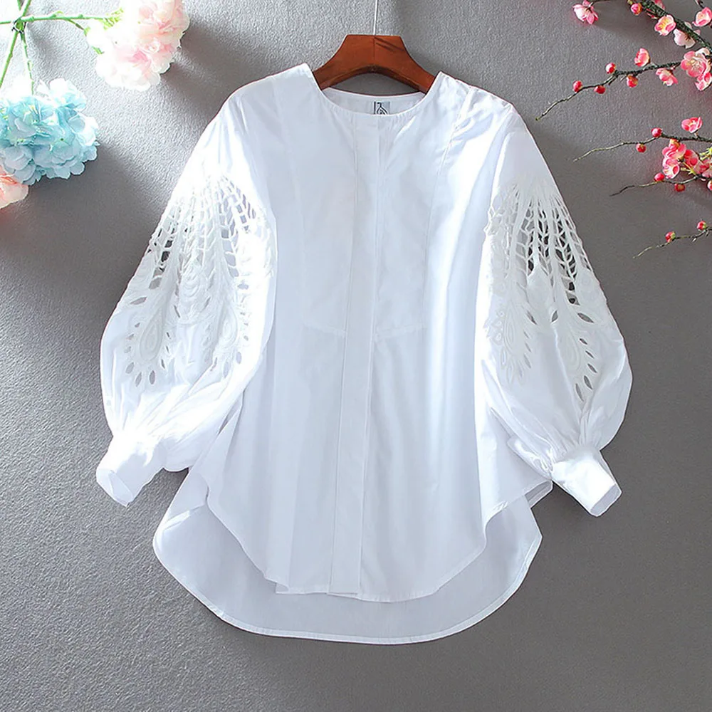 

Women's Blouse Autumn New 2021 Solid Color Casual Simplicity Japanese Style Hollow Out Round Neck Lantern Sleeve