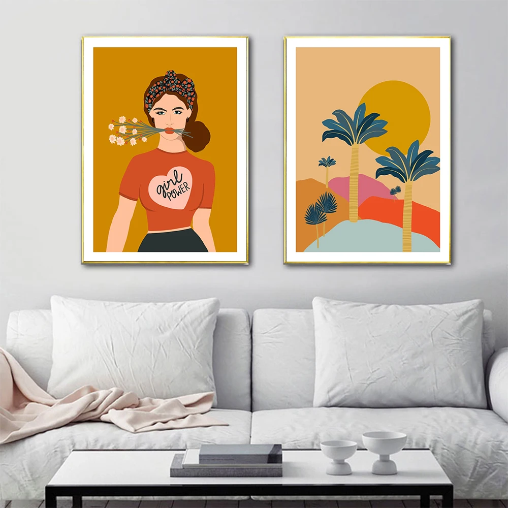 

Dark Yellow Background Canvas Painting Modern Abstract Fashion Girl Wall Art Picture Sun Posters and Prints Gallery Home Decor