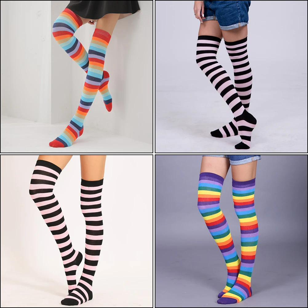 

Women Girls Over Knee Long Stripe Printed Thigh High Striped Cotton Socks 20 Colors Sweet Cute Plus Size Overknee Socks Stocking