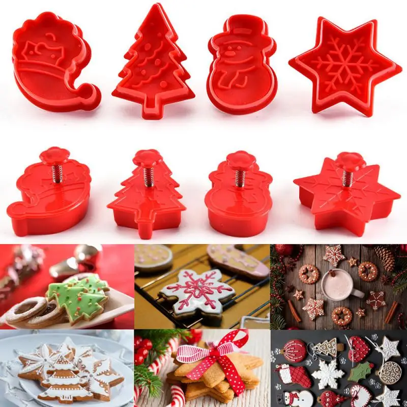 

4 Pcs DIY Christmas Tree Snowman Plastic Baking Mold Kitchen Biscuit Cookie Cutter Pastry Plunger Fondant Cake Decorating Tools