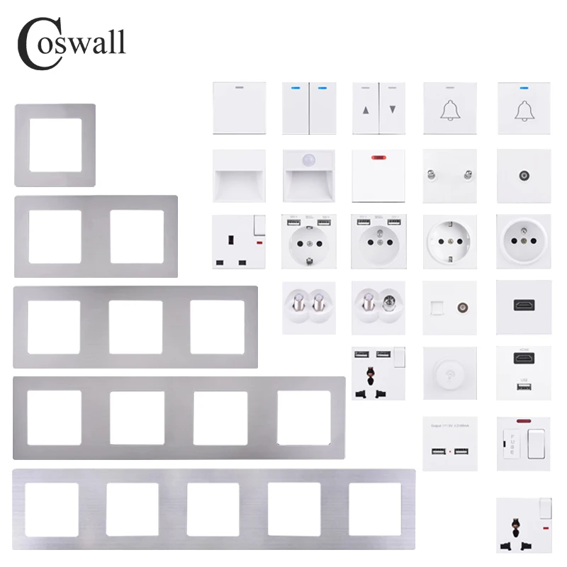 COSWALL S08 Silver Stainless Steel Panel White Wall Switch EU French Socket HDMI-compatible USB Charger TV Internet Module DIY