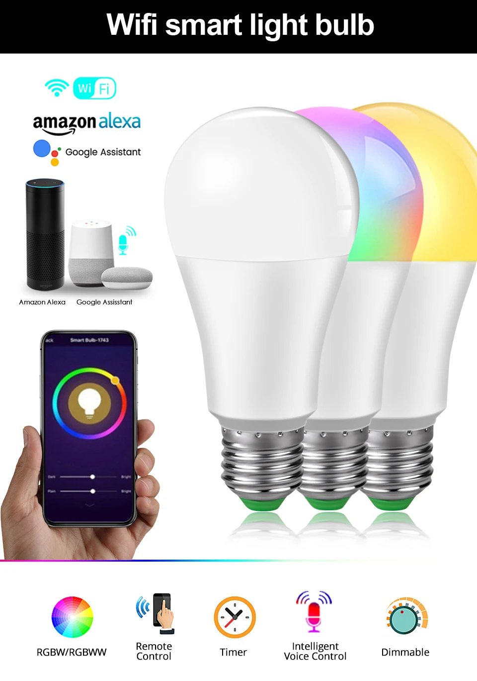 Затемняемый E27 светодиодный Bluetooth 4,0 умная лампа Wifi управление приложением RGB+ W RGB+ WW 15W AC85-265V сменный цвет