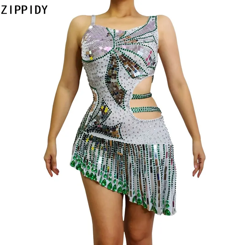 

Серебристо-зеленое стразы, блестящее короткое платье без рукавов, Женский танцор, певец, шоу, костюм для выпускного вечера, платье для празд...