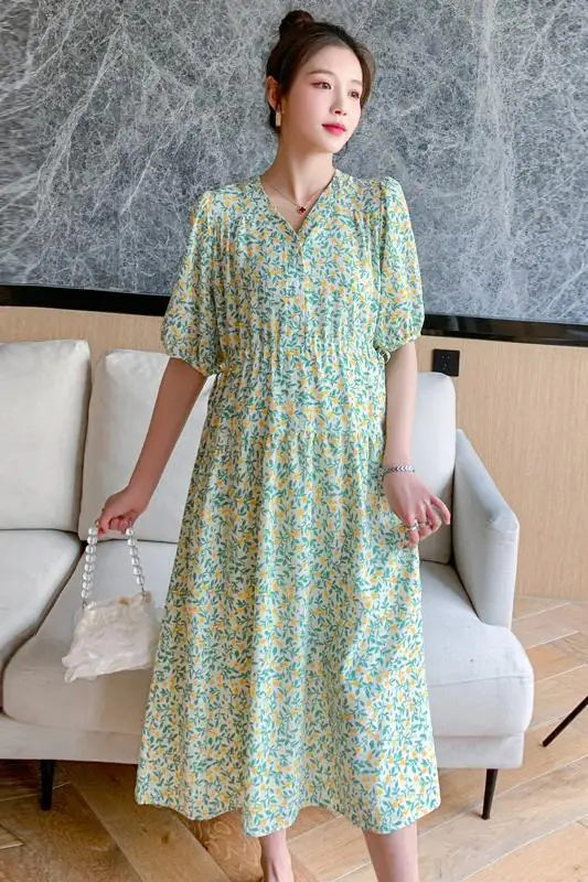 

1771# Summer Bohemian Fashion Style Floral Print Chiffon Maternity Long Dress Sweet A Line Clothes for Pregnant Women Pregnancy