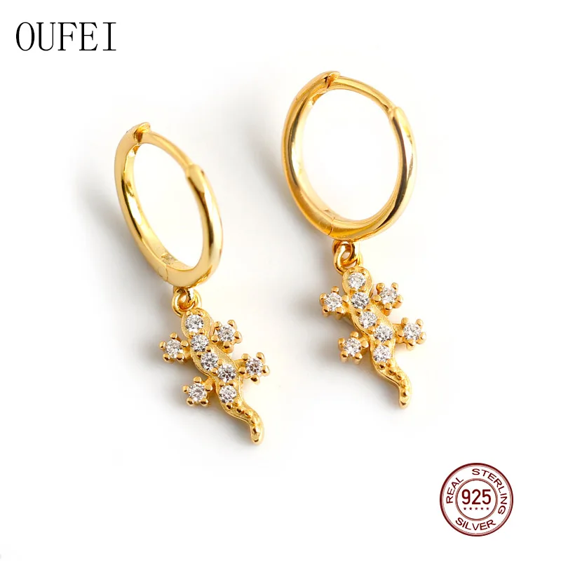 

OUFEI 925 Sterling Silver Unique Earrings Animal Drop Earrings For Women fashion crystal gecko Earring Jewelry EH1023