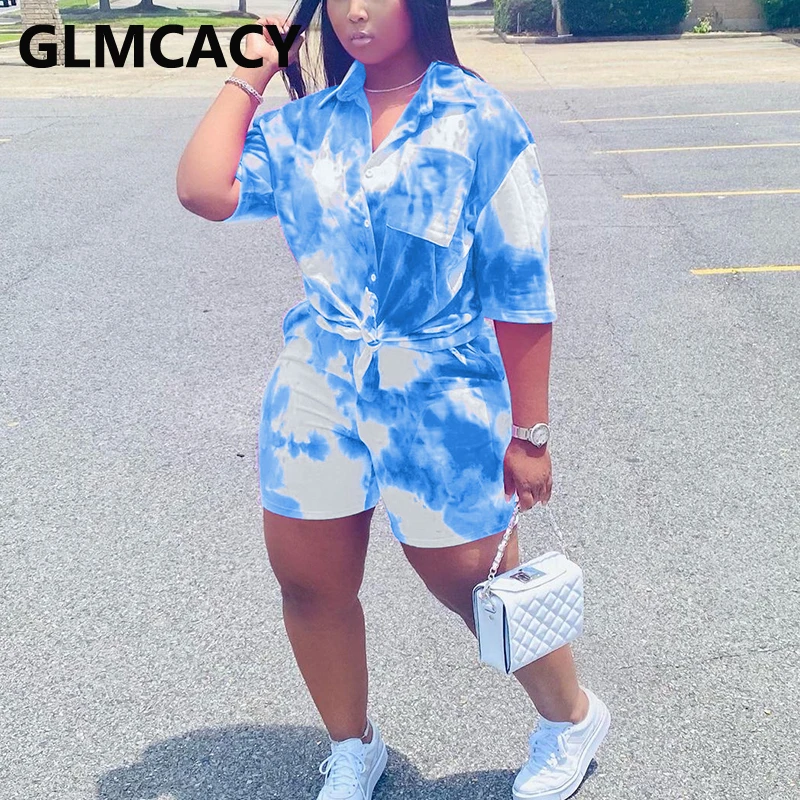 

Two Piece Tie Dye Printed Suits Short Sleeve Buttondown Shirt Blouse & Casual Shorts Set