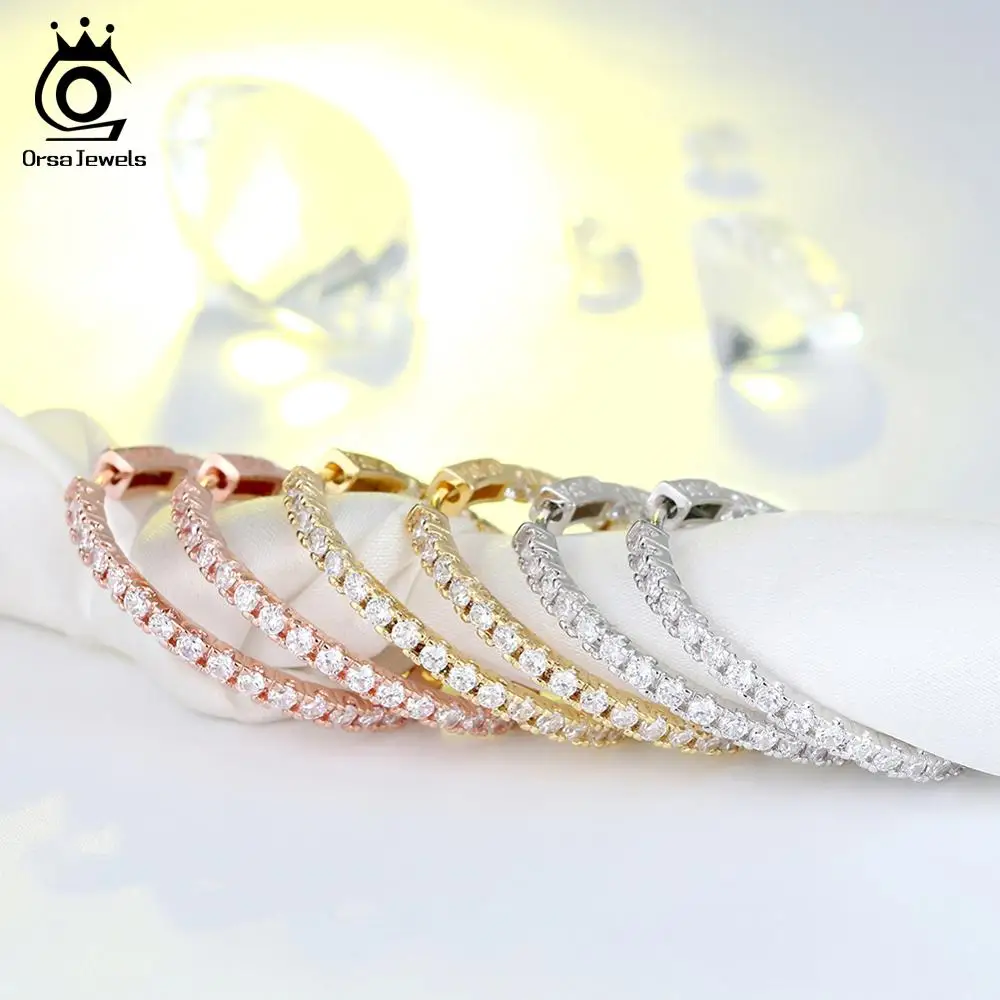 ORSA JEWELS Элегантное платиновое покрытие, круглые серьги из серебра вымощена AAA австрийский кубический цирконий свадьба ювелирные изделия OE137
