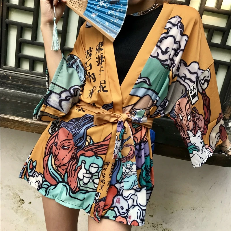 Японское кимоно юката кардиган модная блуза женское Haori в традиционном стиле Obi