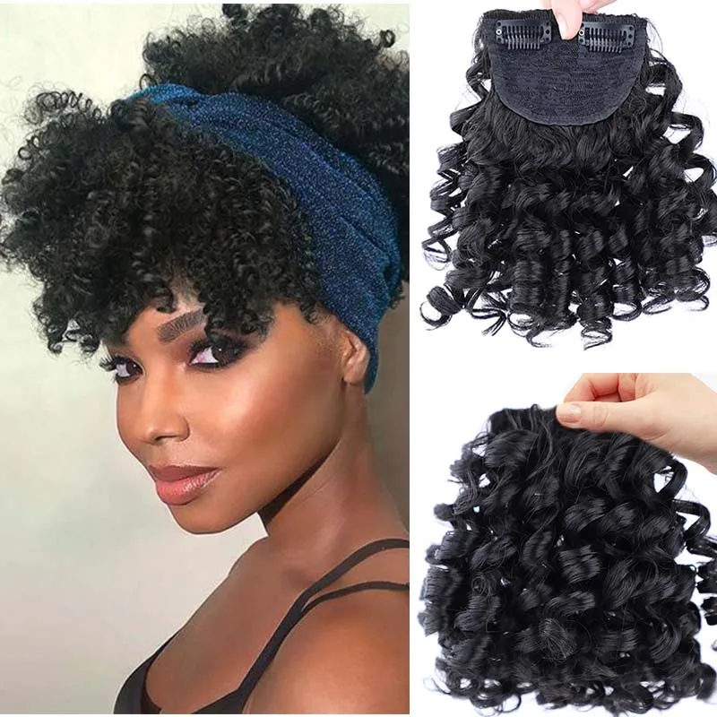 

XQ Fake Fringe Curly Bangs Clips In Hairpieces With Natural Black Heat Resistant Fiber Synthetic Hair Extensions For Women