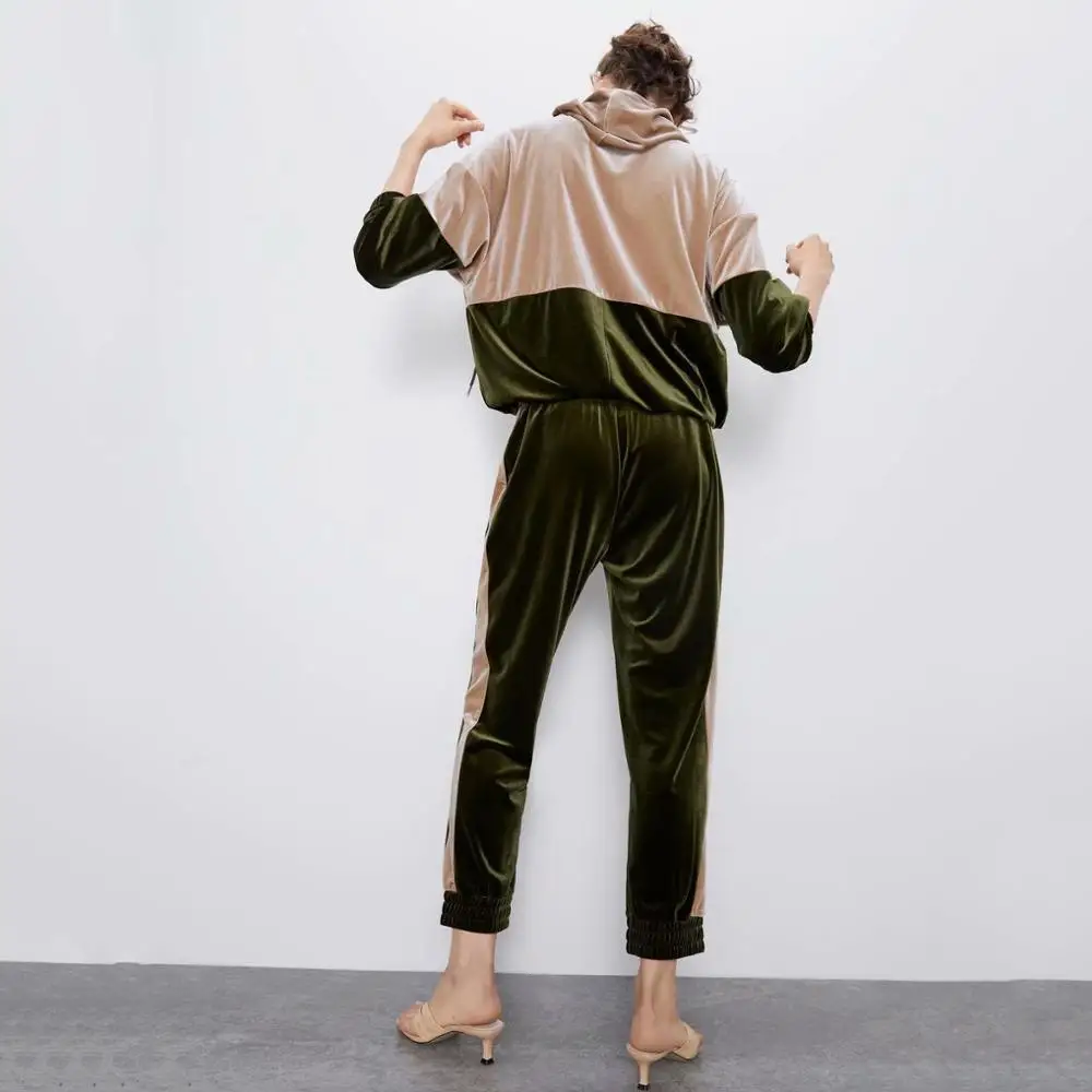 2019 Autumn Velvet Women's Suit Za Fashion Clothes Hoodies Pullover Patchwork Sweatshirt Sweatpants Hot Sale | Женская одежда