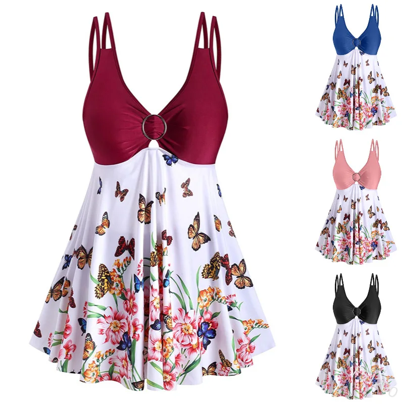 

Women Camisole Top V-neck Sleeveless Casual Fashion Pleated Hedging Metal Ring Halter Sexy Loose Summer Butterfly Print Vest