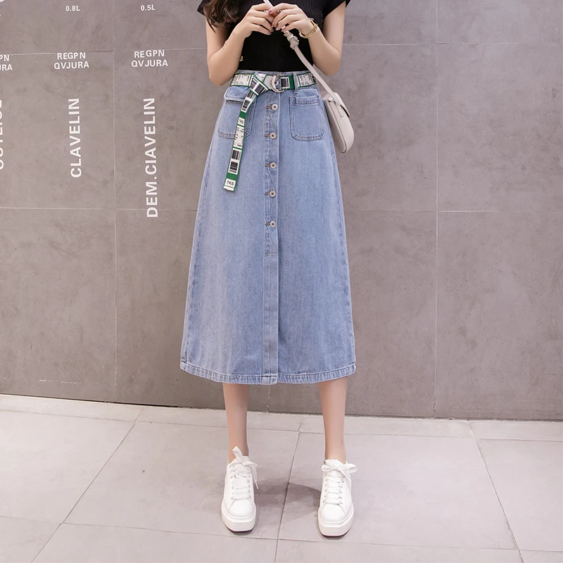 

Vogue High Waist Single Breasted Split Denim Skirts Women Casual Streetwear A-Line Pockets Mid Length Jeans Skirt 2021