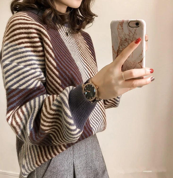 Женский трикотажный свитер в полоску Повседневный пуловер свободного покроя