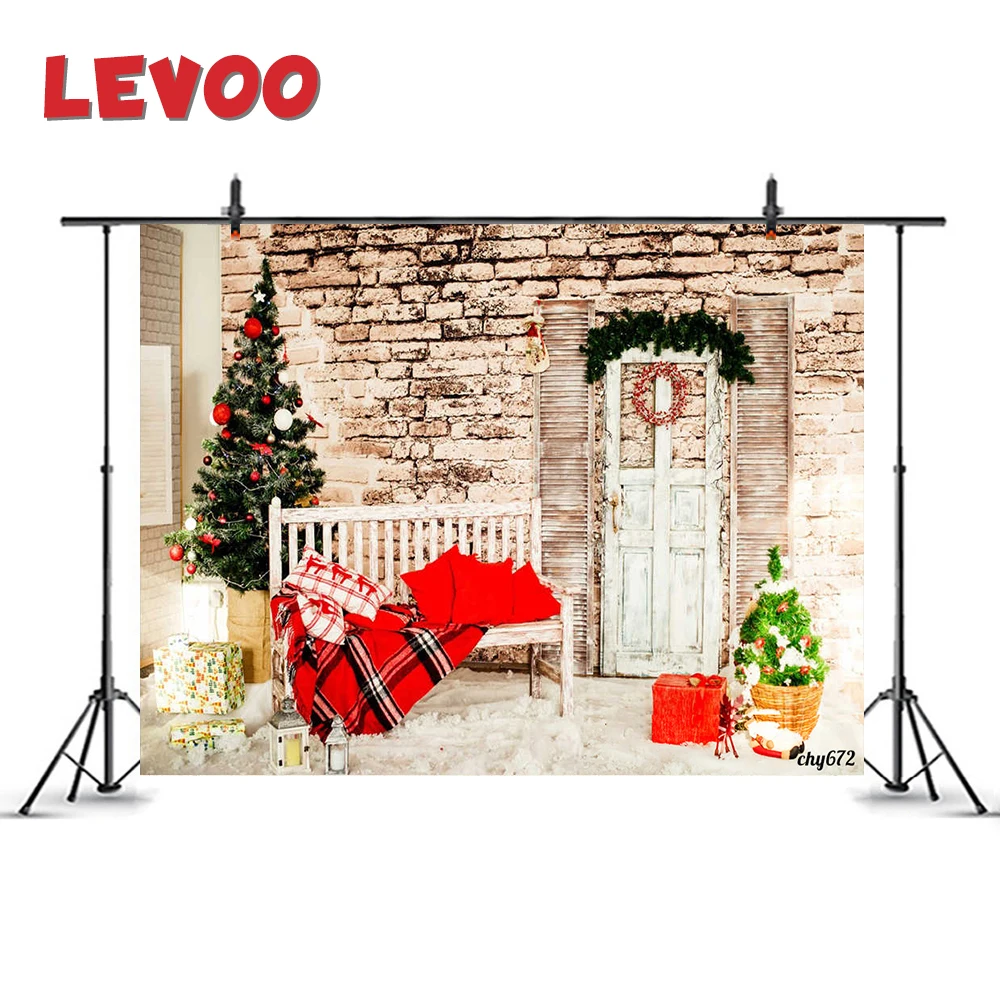 

LEVOO Xmas Decor Backdrop Vintage Brick Wall Wreath Christmas Tree Photo Background Photo Studio Shoot Props Vinyl Photobooth