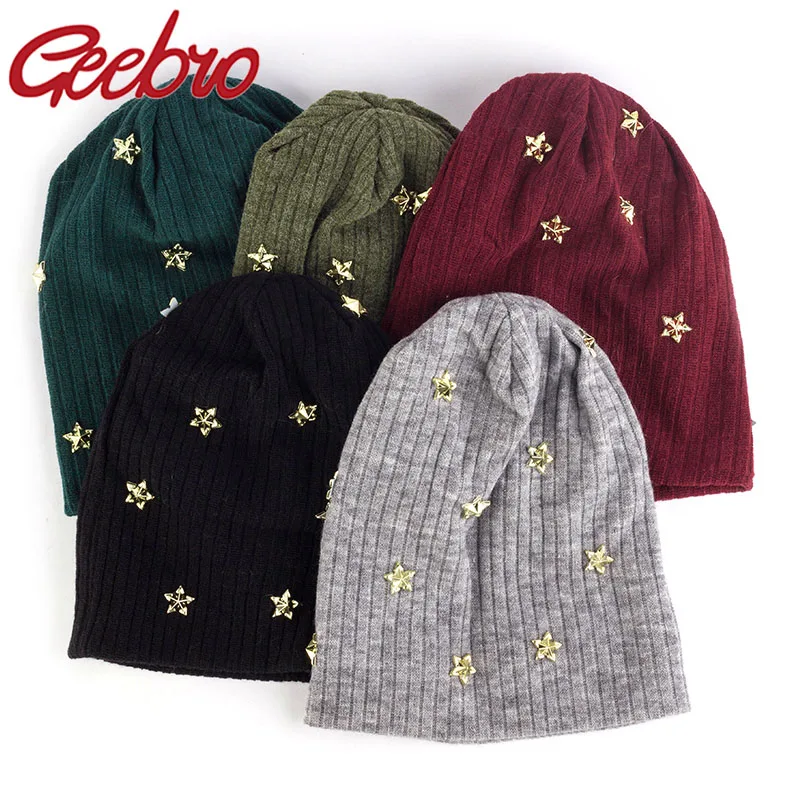 Geebro женская зимняя хлопковая Повседневная Шапка-бини в рубчик со звездами