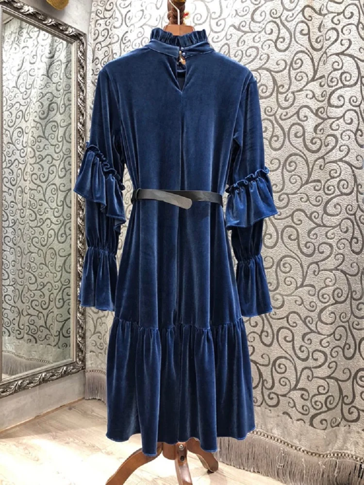 

Top Quality New Velvet Dress 2020 Winter Women Ruffle Flowers Deco Flare Sleeve Ring Belt Royal Blue Velour Dress Vintage Party