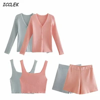 womens suit pink knitted shorts sets solid crop top sexy knitting vest slim knitwear suits for yoga casual female sweater sets