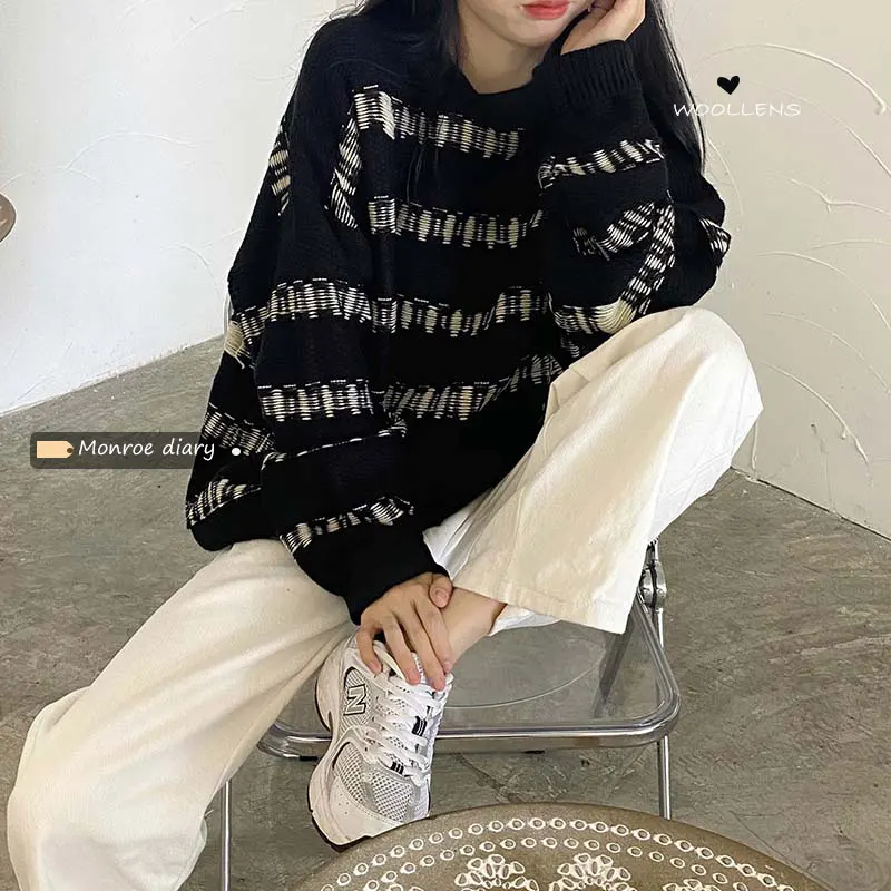 

Spring Autumn Retro Lazy Wind Ladies Mid-Length Sweater Korean Version Loose Pullover Knit Round Neck Top Female Fashion G1306