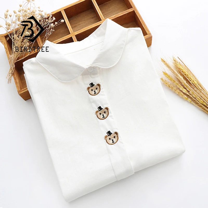 

2021 Весенняя Новая женская Повседневная белая хлопковая рубашка с вышивкой, короткая блуза с длинными рукавами, Осенние однотонные милые топы для девочек, T0D002F