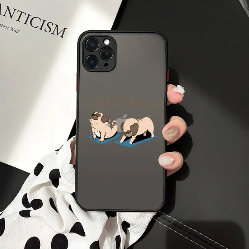 

Cute Cartoon Pug Animal Yoga Phone Cases Matte Transparent for iPhone 7 8 11 12 s mini pro X XS XR MAX Plus cover funda