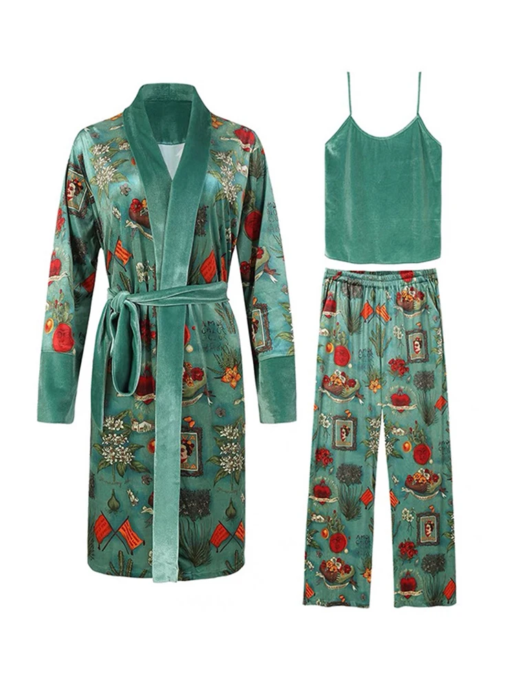 Retro female winter pajamas Sets Sleepwear Nightwear Velvet Pajamas For Women 3 Pieces Winter Suit Home Clothes Woman Robe set