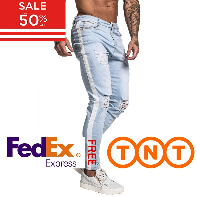 GINGTTO обтягивающие джинсы для мужчин потертые Стрейчевые голубые рваные