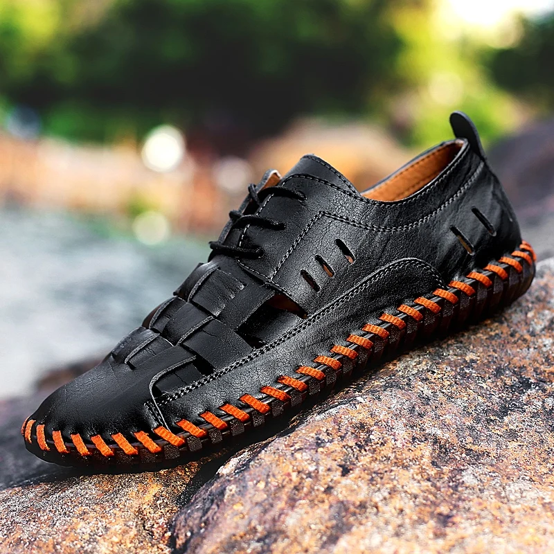 Мужские сандалии на мягкой подошве коричневые Пляжные Шлепанцы из натуральной