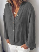womens v shaped tie button long sleeved solid color cotton and linen casual comfortable loose shirt