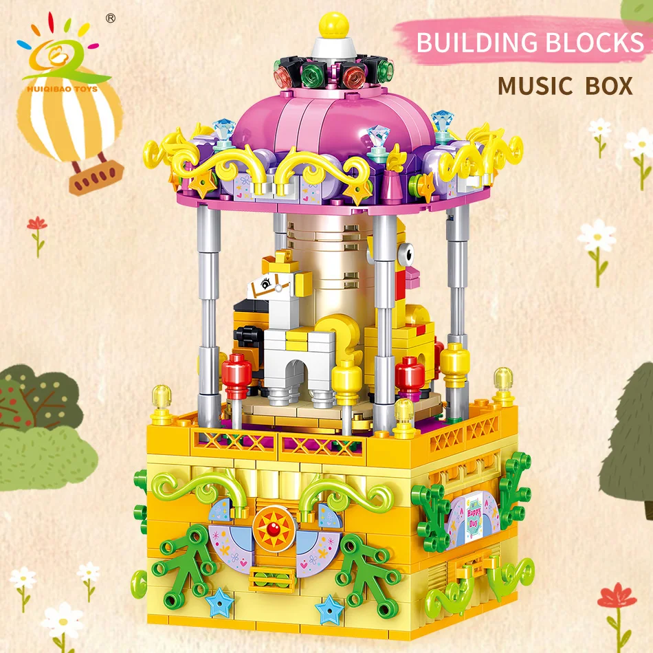 

HUIQIBAO 607Pcs Carousel Music Box Amusement Park Technical Model Building Block Creator Expert Brick Toy for Children Xmas Gift