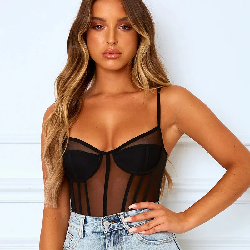 

2020 Summer New Sexy Lace Sheer Mesh See-Through Push Up Bodysuit White Black Women Body Outfits Swimsuit One Piece Bathing Suit