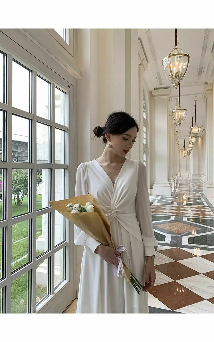 

2021 Summer V-neck Long-Sleeved Dress Women's Fashion Linen Flower Color Slim-Fit Women's Party