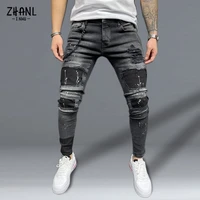 mens streetwear fashion pants elastano skinny slim jeans patch pockets ripped jeans for men street broken black denim trousers