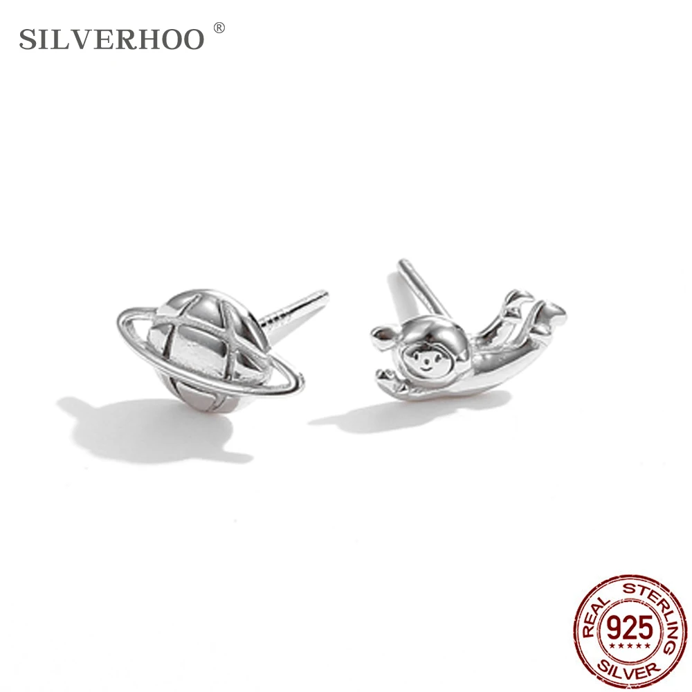 

SILVERHOO 925 Sterling Silver Creative Space Planet & Astronaut Asymmetry Earrings For Women Trendy Cute Stud Earring Jewelry