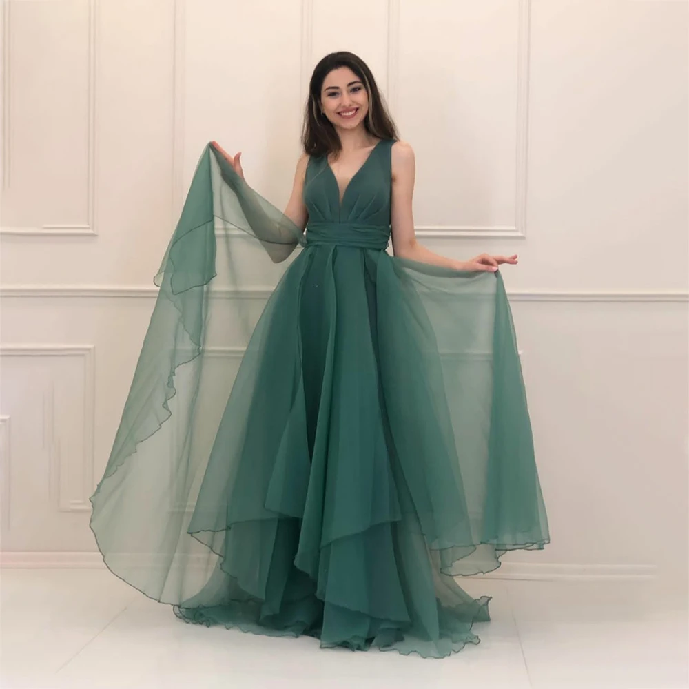 

Длинное вечернее платье из тюля, темно-зеленое плиссированное платье-трапеция с V-образным вырезом, для выпускного вечера, на Рождество, 2021